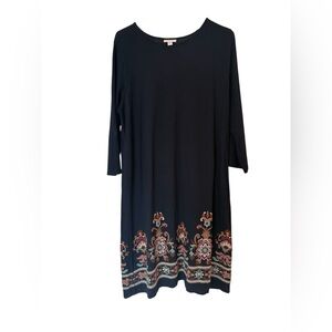 J Jill Women's  Shift Dress Navy Blue Knit Embroidered Floral Hem 3/4 Sleeve M